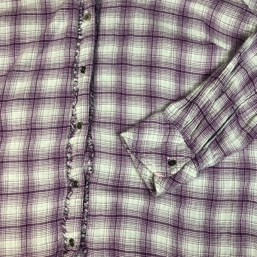 Lee Riders Womens 2X Plus Purple White Plaid Button Up Long Sleeve Shirt Ruffled - Picture 4 of 9
